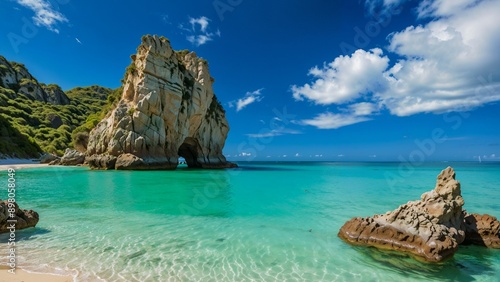 Stunning tropical beach with clear turquoise water and rocky cliffs under a bright blue sky. Perfect for travel and vacation themes.