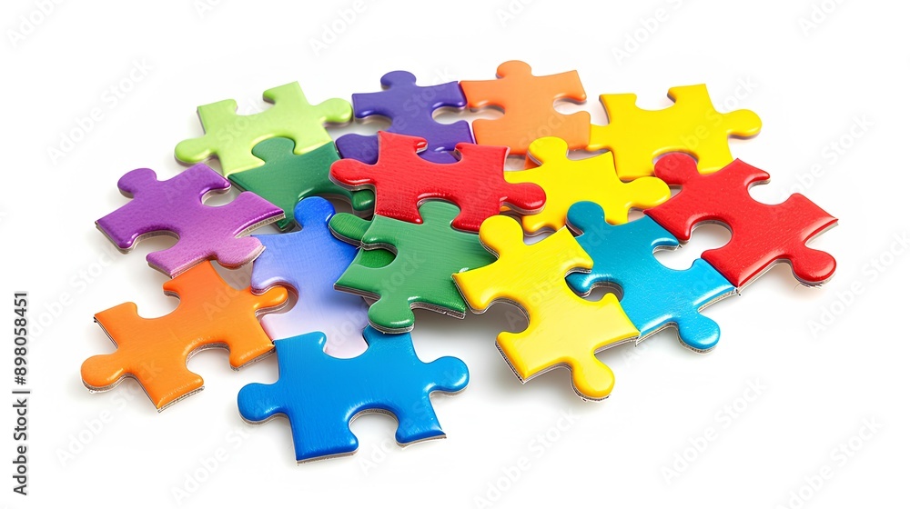 A collection of vibrant puzzle pieces scattered on a white background. A collection of vibrant puzzle pieces scattered on a white background.