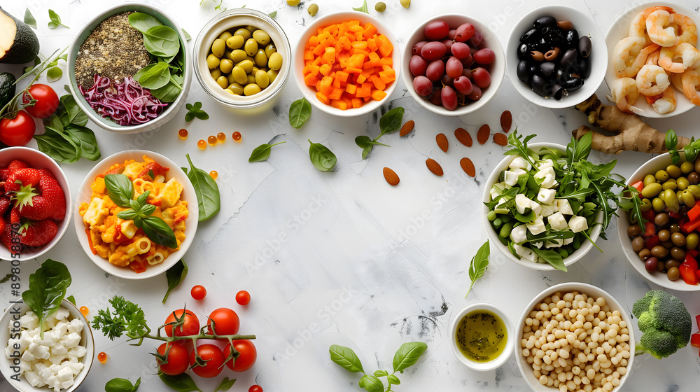 Many different healthy food on white table, flat lay Many different healthy food on white table, flat lay
