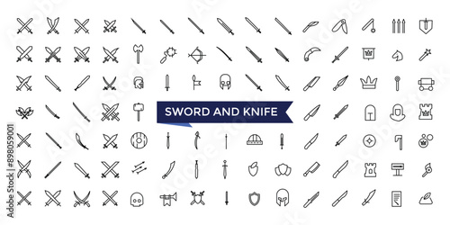 Sword and knife line icon set with editable stroke collection for web and ui. Line icons pack. Vector illustration.