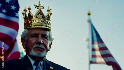 Close up of the United States wearing a kings golden crown in front of American flags waving because the Supreme court ruled the president has immunity for 