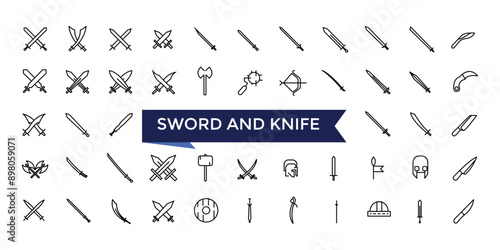Sword and knife line icon set with editable stroke collection for web and ui. Line icons pack. Vector illustration.