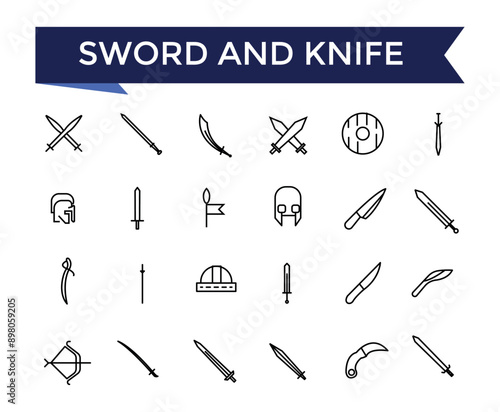 Sword and knife line icon set with editable stroke collection for web and ui. Line icons pack. Vector illustration.