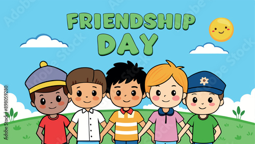 Five diverse children holding hands with the text Friendship Day against a blue sky background. Colorful and cheerful.