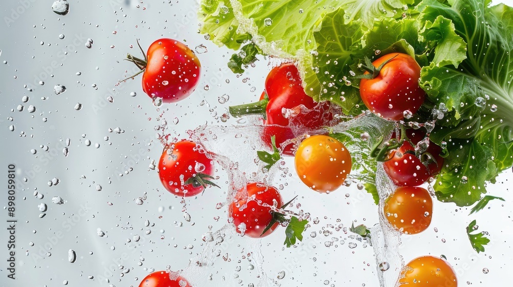 Fresh Tomatoes and Lettuce Splashing in Water. Fresh Tomatoes and Lettuce Splashing in Water.