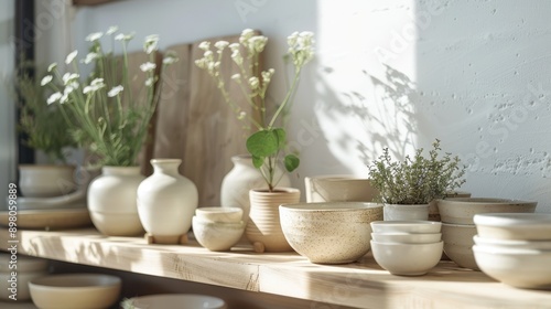 White Ceramic Bowls and Vases on Wooden Shelf With Flowers in a Sunny Kitchen © zainab