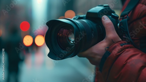 A person photographer holding a camera in the city street environment, photoshooting people outdoor. Creative picture, modern technology equipment, Papparazzi digital social media, journalist career
