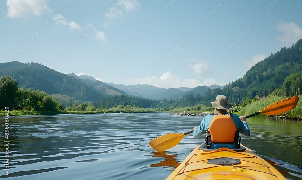 A kayaker paddles through calm waters and scenic rivers, Generative AI A kayaker paddles through calm waters and scenic rivers, Generative AI