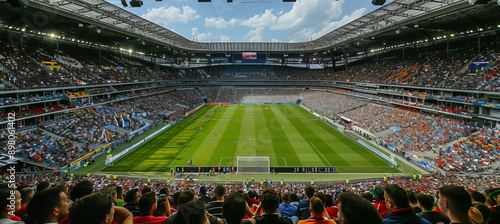 Soccer match at stadium with big crowd people. Generative AI technology. photo