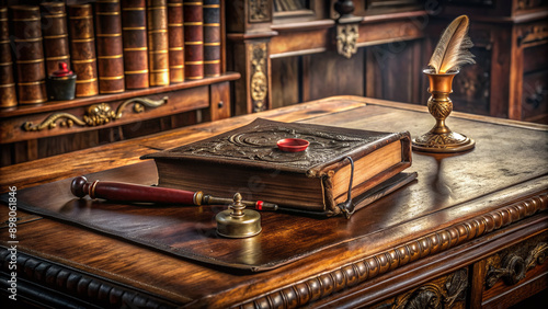 Ancient leather-bound book lies open on a ornate wooden desk, adorned with quill pen and wax seal, symbolizing historic diplomatic agreement.