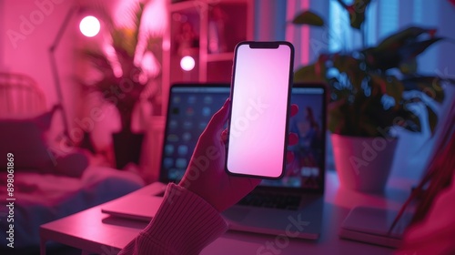 Close up Young woman holding using touch mobile phone white screen mockup,relaxes sitting in gamer room,Colorful led lights,neon light room,Back view,copy space.