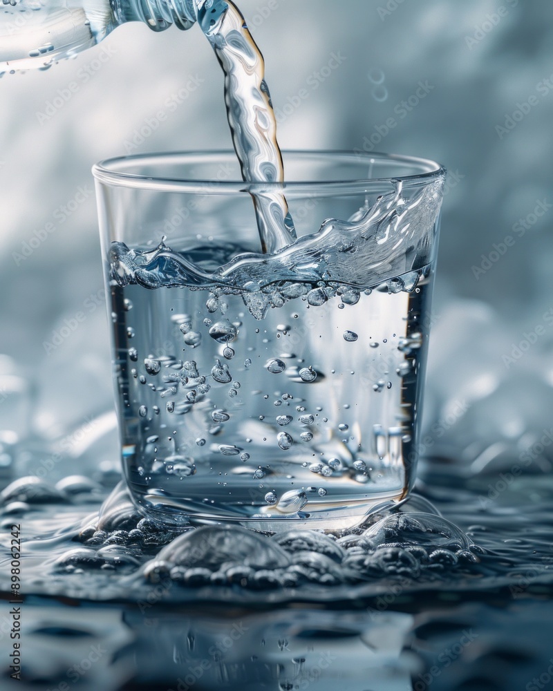 Pouring water from bottle into glass over kitchen background Pouring water from bottle into glass over kitchen background