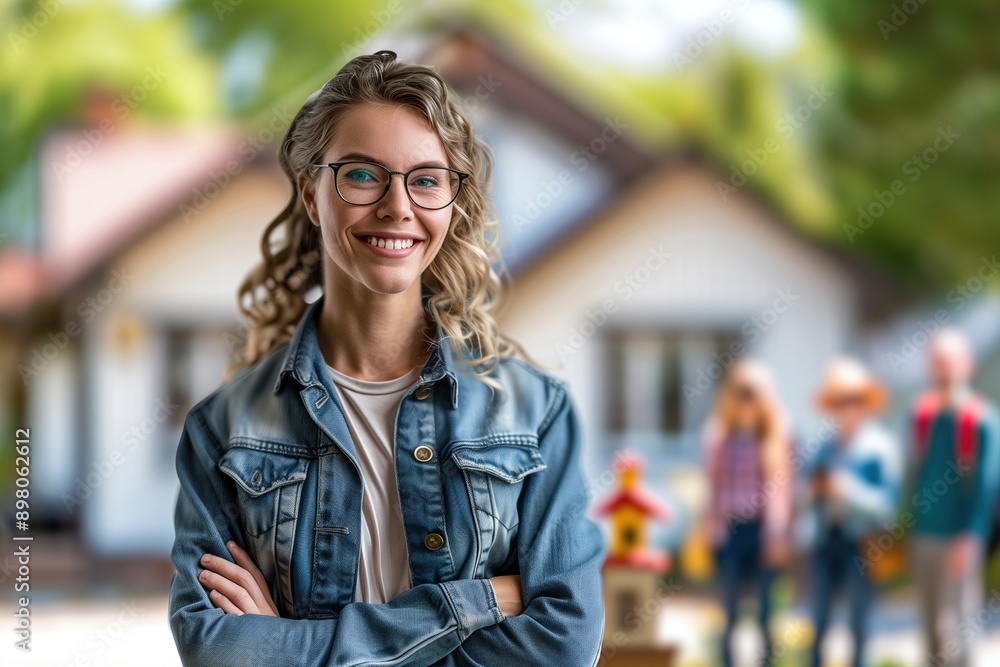 Smiling Woman in Denim Jacket Stands in Front of a Neighborhood Home Smiling Woman in Denim Jacket Stands in Front of a Neighborhood Home