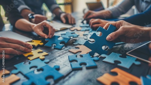 Closeup of hands fitting puzzle pieces together on a table