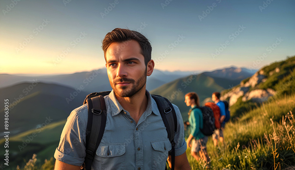 Hiker enjoying the mountain landscape with a smile on a summer day Hiker enjoying the mountain landscape with a smile on a summer day