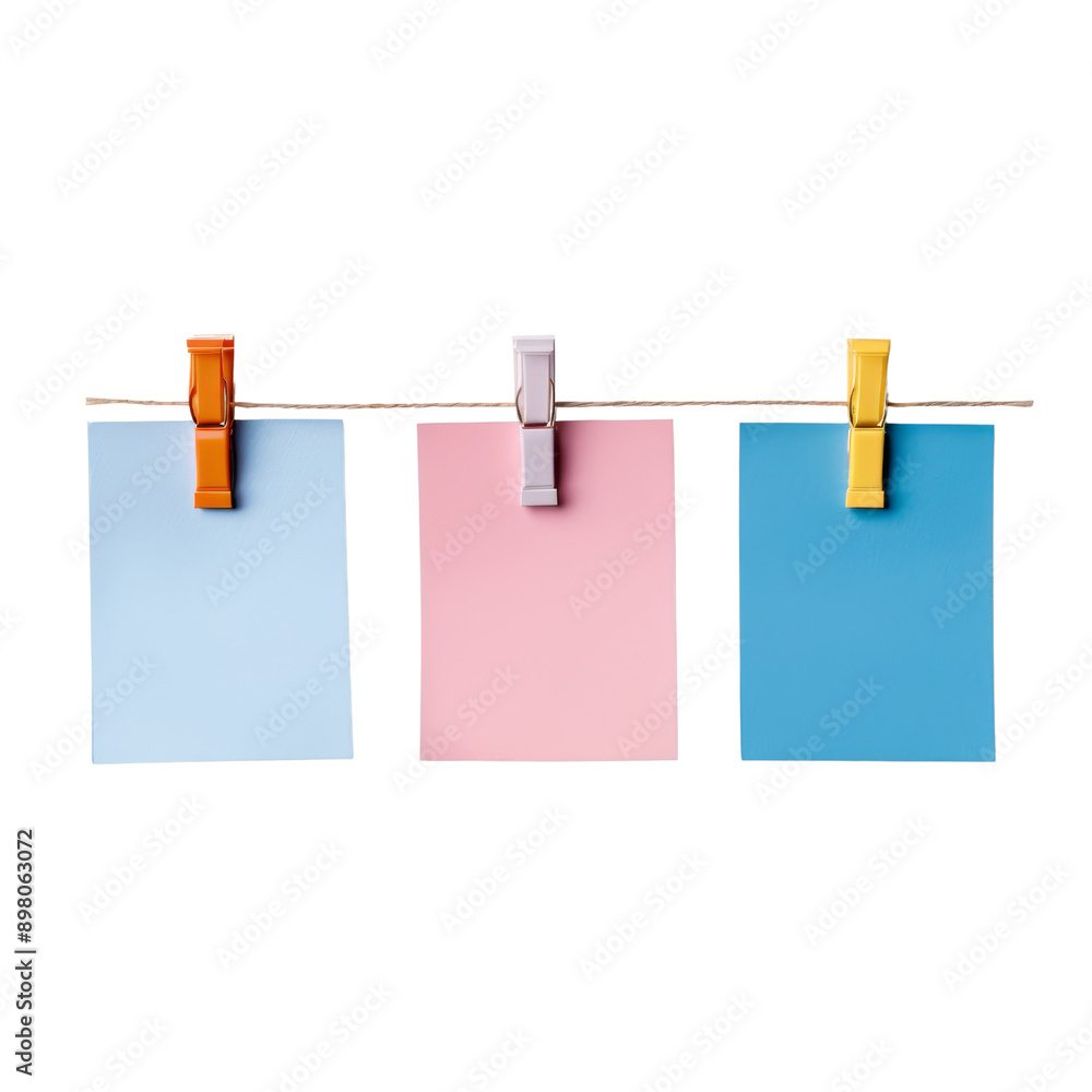 Three colorful sticky notes hanging on a string with clothespins isolated on white background. Perfect for reminders, messages, and to-do lists. Three colorful sticky notes hanging on a string with clothespins isolated on white background. Perfect for reminders, messages, and to-do lists.