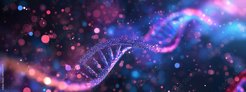 Ethereal DNA Strand Floating in Cosmic Nebula, Futuristic Genetic Science Visualization with Purple and Blue Hues, Abstract Concept of Bioengineering and Molecular Research in Space Ethereal DNA Strand Floating in Cosmic Nebula, Futuristic Genetic Science Visualization with Purple and Blue Hues, Abstract Concept of Bioengineering and Molecular Research in Space