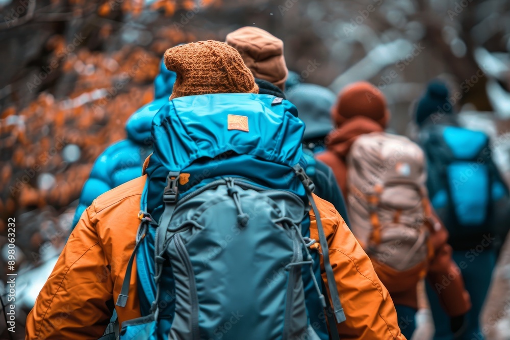 Group of friends reveling in a delightful hike along breathtakingly picturesque mountain trails Group of friends reveling in a delightful hike along breathtakingly picturesque mountain trails