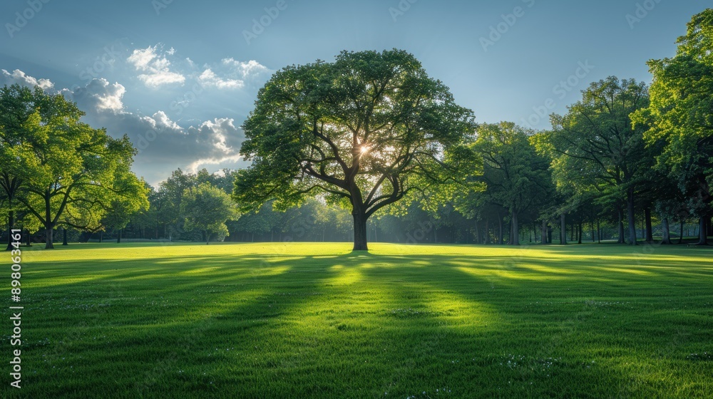 Sunlight Through the Trees in a Lush Green Meadow