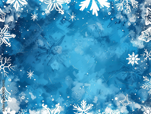 Blue background with snow flakes and Christmas decoration. Christmas card concept. Copy space