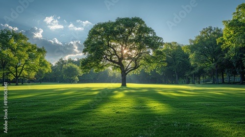 Obraz na płótnie Sunlight Through the Trees in a Lush Green Meadow w salonie