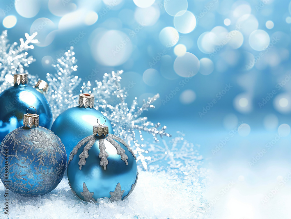 Blue christmas baubles on shiny and snowy winter background. Blue and white colors. Copy space. Blue christmas baubles on shiny and snowy winter background. Blue and white colors. Copy space.