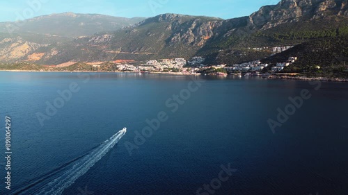 Morning Aerial Footage of Kas, Turkey Coastline, Following the boat