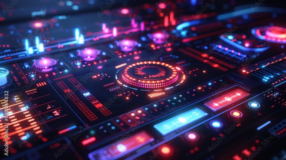 A futuristic 3D music player interface with vibrant holographic elements, featuring colorful control panels, knobs, buttons, and visual waveform displays. A futuristic 3D music player interface with vibrant holographic elements, featuring colorful control panels, knobs, buttons, and visual waveform displays.