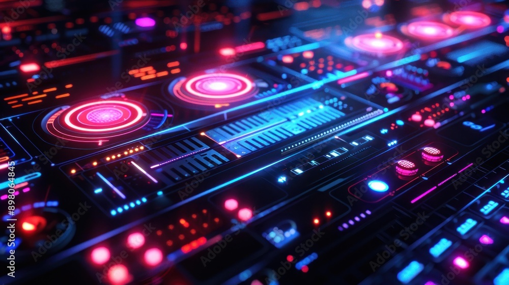 A visually stunning digital 3D music player interface with vibrant holographic displays, buttons, and control panels in neon colors. A visually stunning digital 3D music player interface with vibrant holographic displays, buttons, and control panels in neon colors.