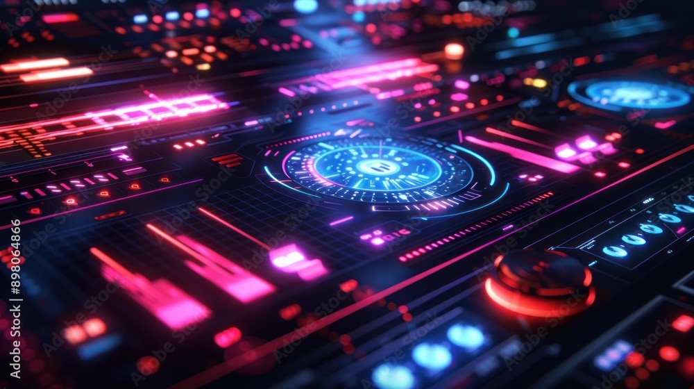 A high-tech 3D digital music player interface with holographic displays, featuring various control panels and vibrant neon lights in a futuristic design. A high-tech 3D digital music player interface with holographic displays, featuring various control panels and vibrant neon lights in a futuristic design.