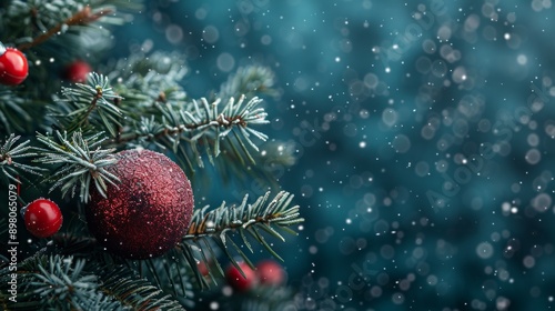 Festive Christmas Tree Branch with Red Ornaments and Snowflakes in a Winter Wonderland