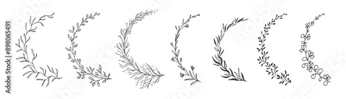 Leaves, flowers, branches in line art and silhouette. Hand drawn botanical floral elements for wedding invitation, frame, border, label, logo, corporate identity, wreath. Vector illustration