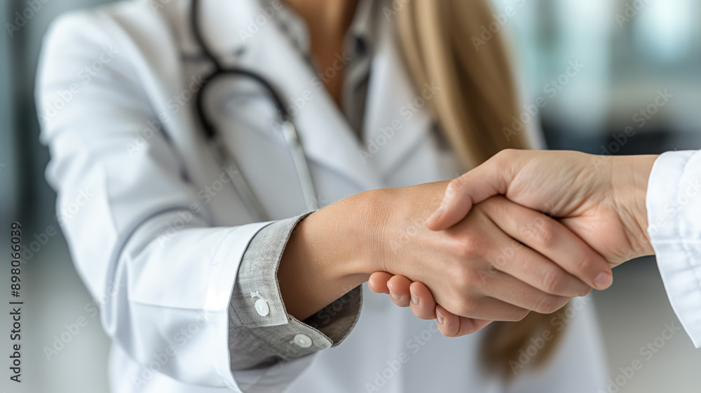 Doctor shaking hands with a patient, symbolizing trust and cooperation in a medical setting, with a stethoscope around the doctor's neck and a professional environment in the background. Doctor shaking hands with a patient, symbolizing trust and cooperation in a medical setting, with a stethoscope around the doctor's neck and a professional environment in the background.