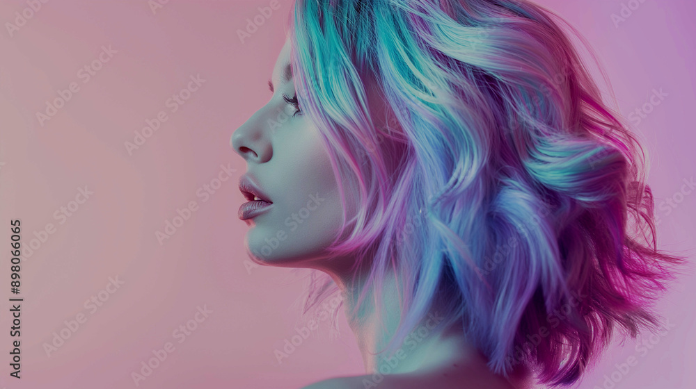 Profile of a woman with colorful hair in pink lighting Profile of a woman with colorful hair in pink lighting