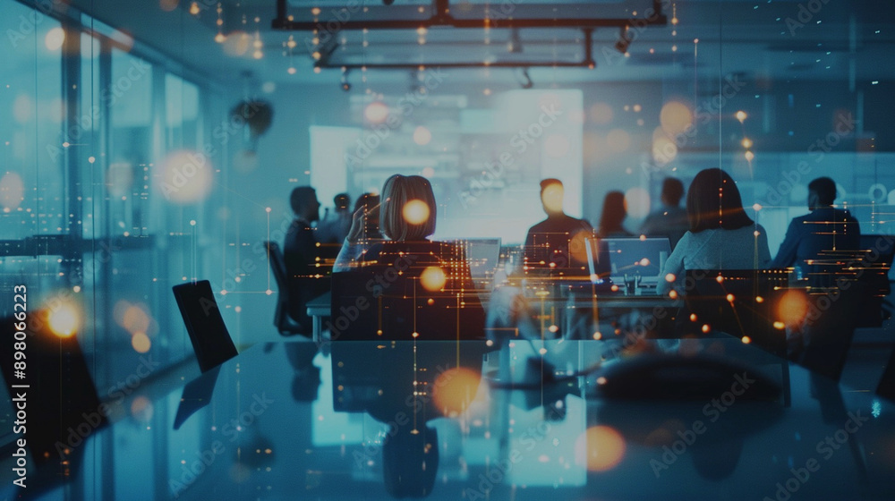 Business Team working in modern office with tech overlay Business Team working in modern office with tech overlay