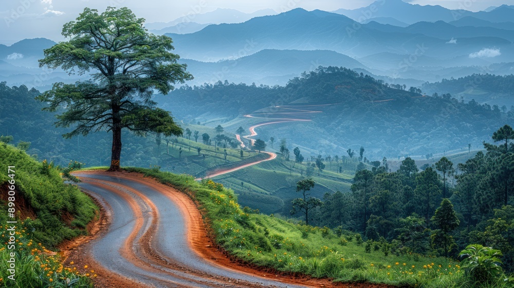 Winding Road Through Lush Mountains Winding Road Through Lush Mountains