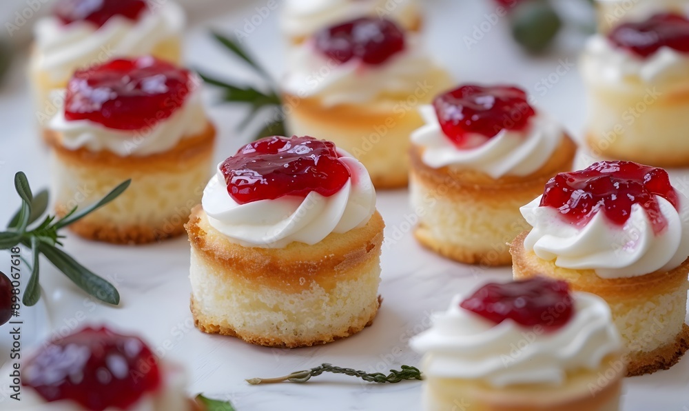 small cakes with cream and jam spread, Generative AI small cakes with cream and jam spread, Generative AI