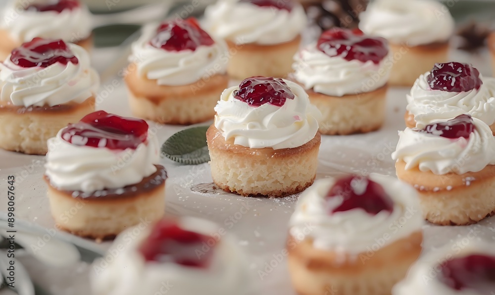 small cakes with cream and jam spread, Generative AI small cakes with cream and jam spread, Generative AI