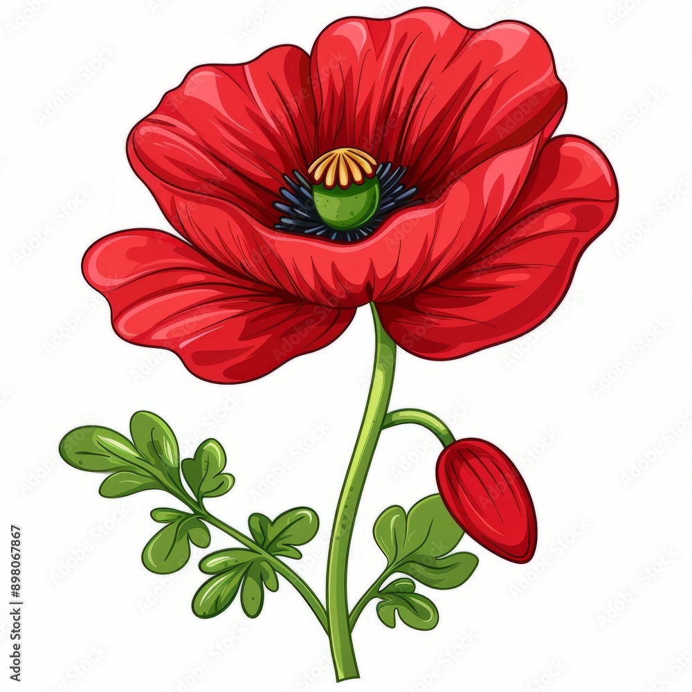 Red Poppy Flower with Green Leaves. Red Poppy Flower with Green Leaves.