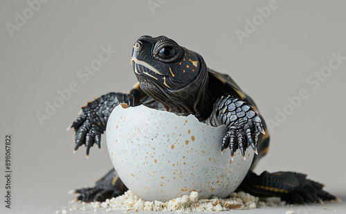 A baby turtle emerges from its egg, with its head and front legs pushing through the cracked shell. The turtle's skin features intricate patterns and textures, creating a rebirth and new life. photo