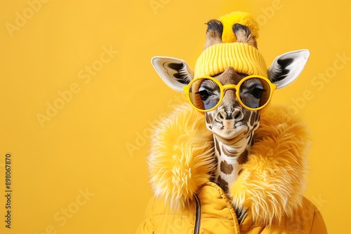 A giraffe in glam fashionable high-end, wearing yellow sunglasses and a matching yellow jacket and beanie is set against a yellow background, creating a fun and fashionable vibe.