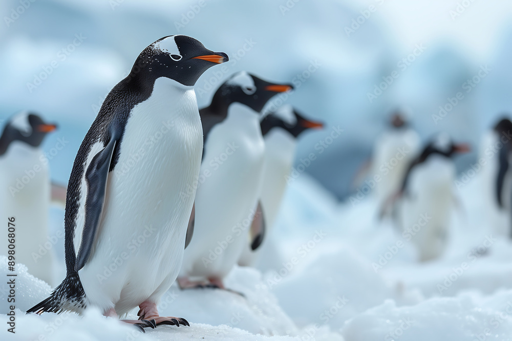 Naklejka premium A group of penguins standing on the snowy ground in a polar region. The background shows a vast, icy landscape with distant mountains, highlighting the cold environment.