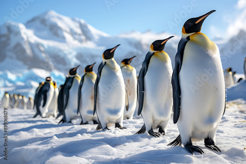 A group of penguins standing on the snowy ground in a polar region. The background shows a vast, icy landscape with distant mountains, highlighting the cold environment.