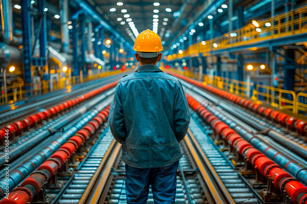 Industrial engineer standing in a large factory during night shift Industrial engineer standing in a large factory during night shift