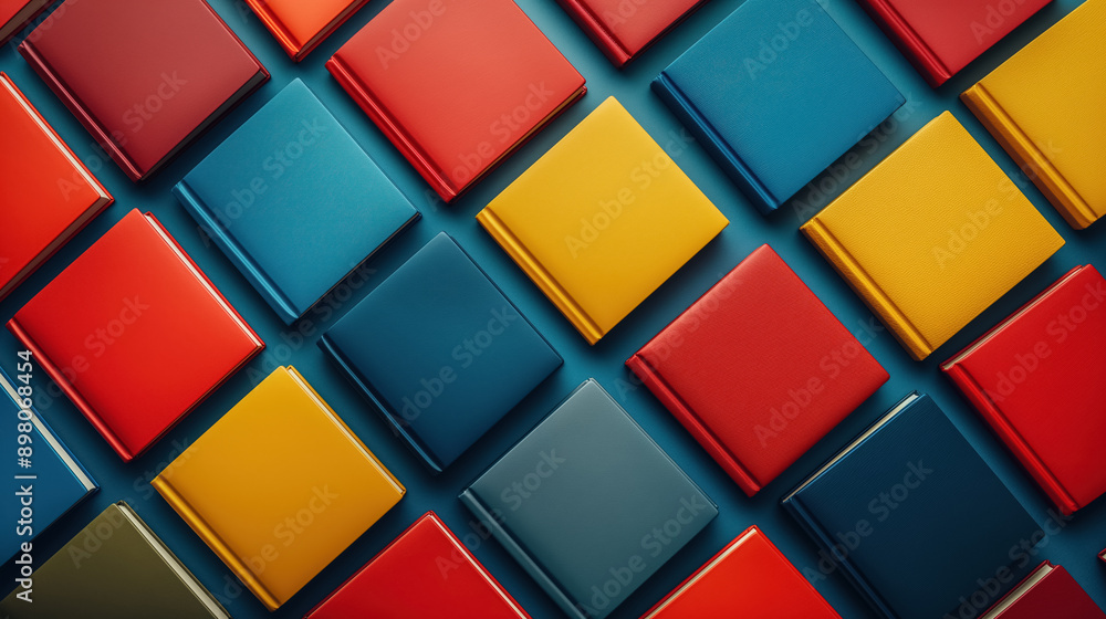 Pattern of colorful books arranged neatly against a contrasting blue background, showcasing a modern and organized display. Pattern of colorful books arranged neatly against a contrasting blue background, showcasing a modern and organized display.