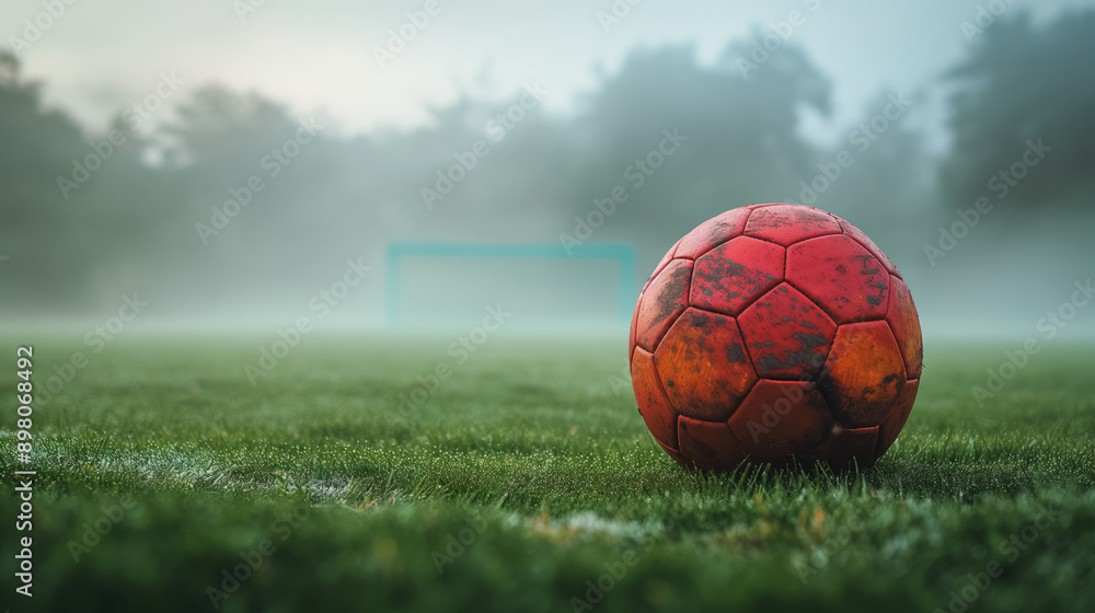 Naklejka premium Worn red soccer ball on a misty green field with a goal post in the background, creating a nostalgic, serene scene.
