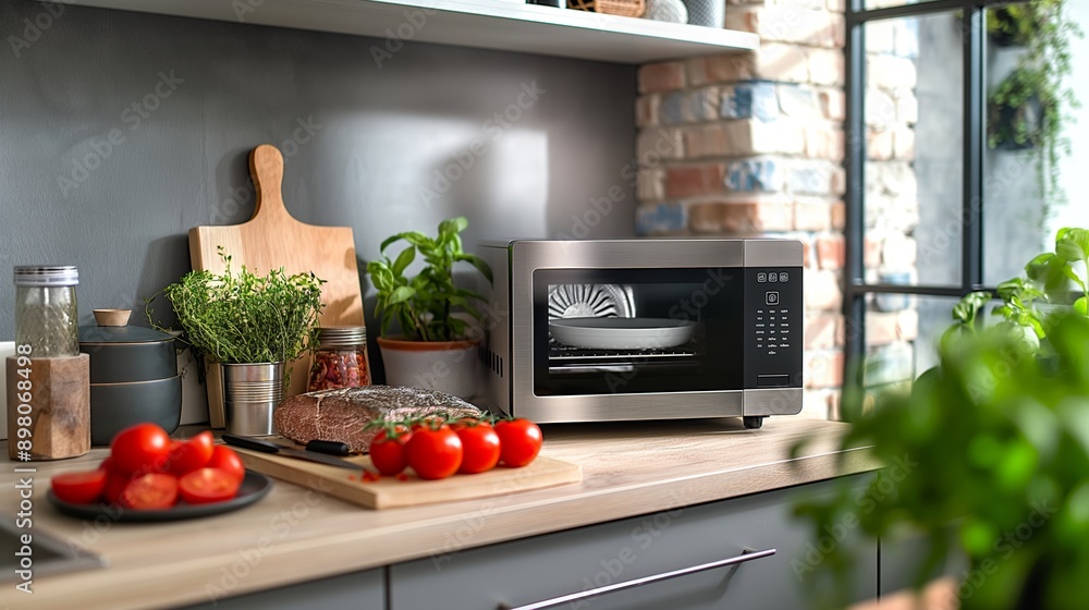 Modern kitchen counter with fresh vegetables and microwave Modern kitchen counter with fresh vegetables and microwave