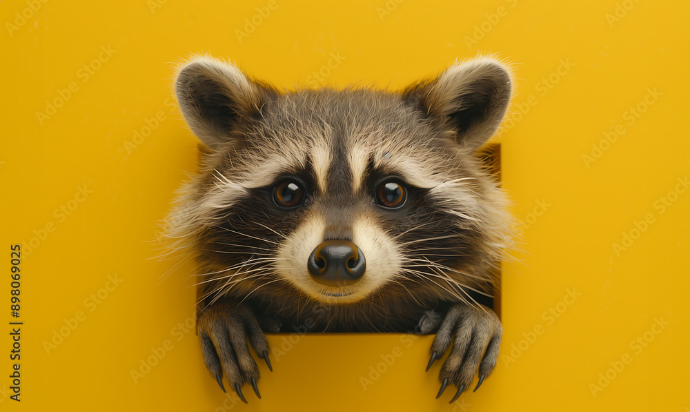 Obraz premium A raccoon peeking over a yellow surface with a vibrant yellow background. The raccoon's face and paws are clearly visible, giving a playful and curious impression.