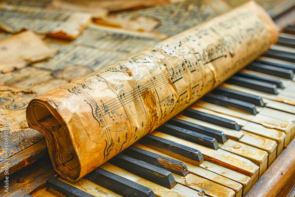 Old scroll of sheet music resting on a vintage piano Old scroll of sheet music resting on a vintage piano