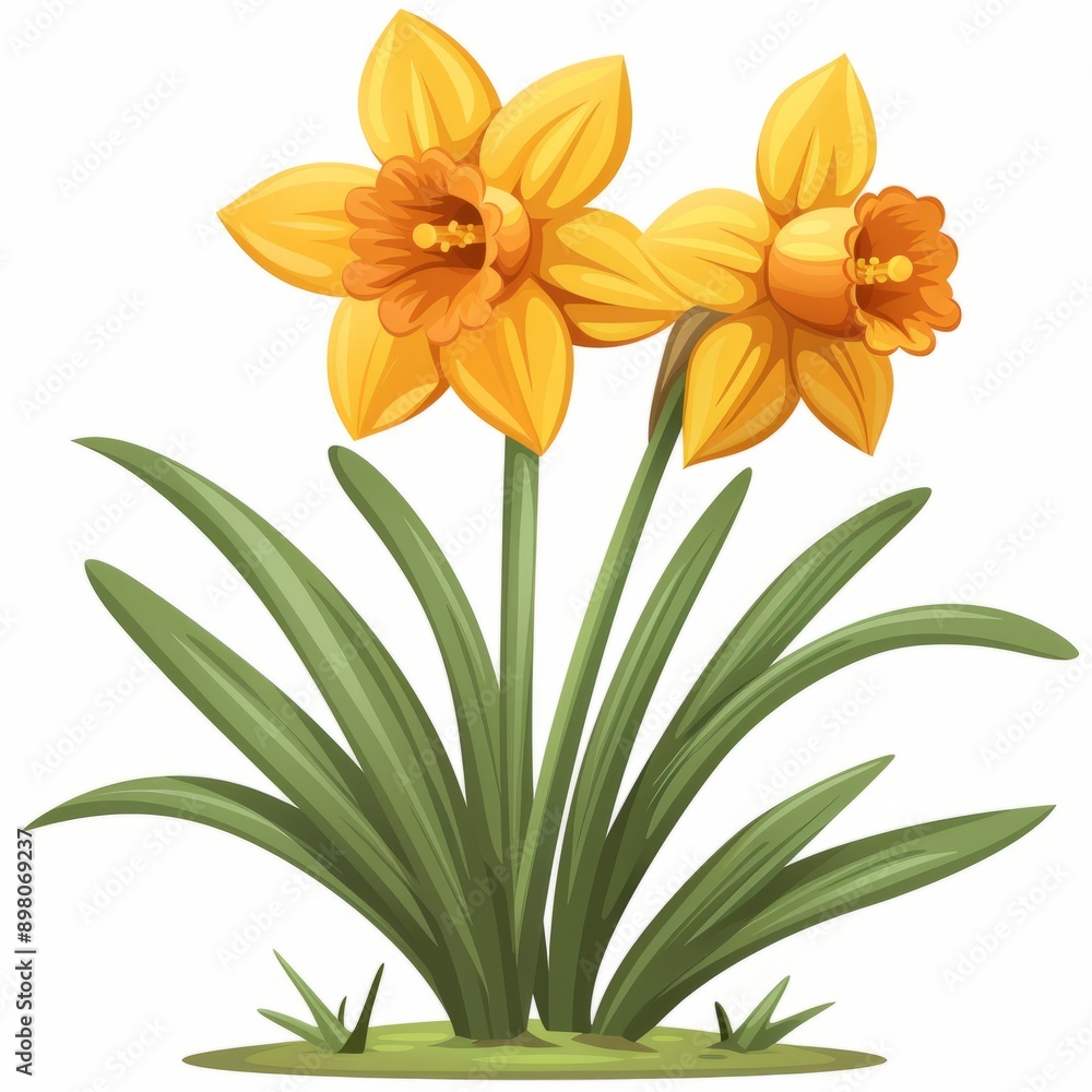 Two Yellow Daffodils with Green Leaves. Two Yellow Daffodils with Green Leaves.